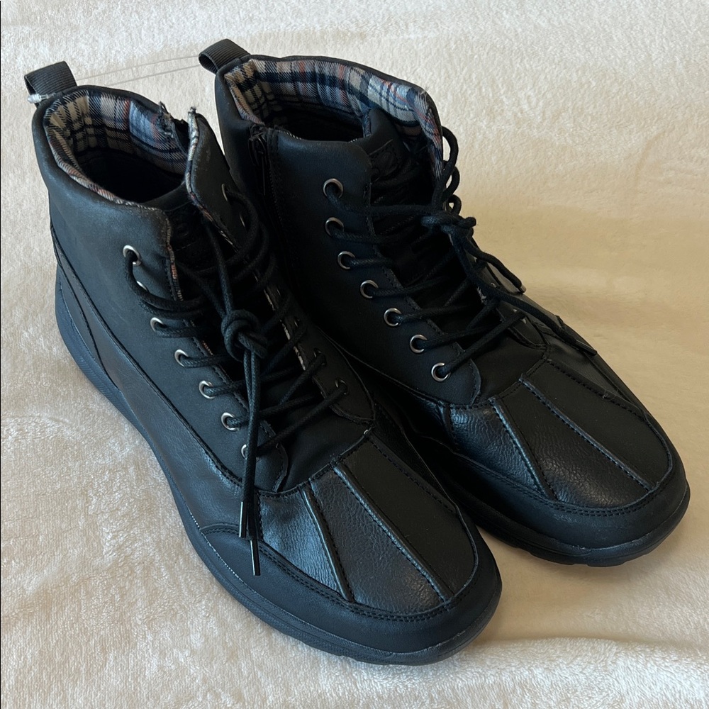 Men's Black Plaid-Collar Lace-Up Boots - Comfortable Outdoor Style